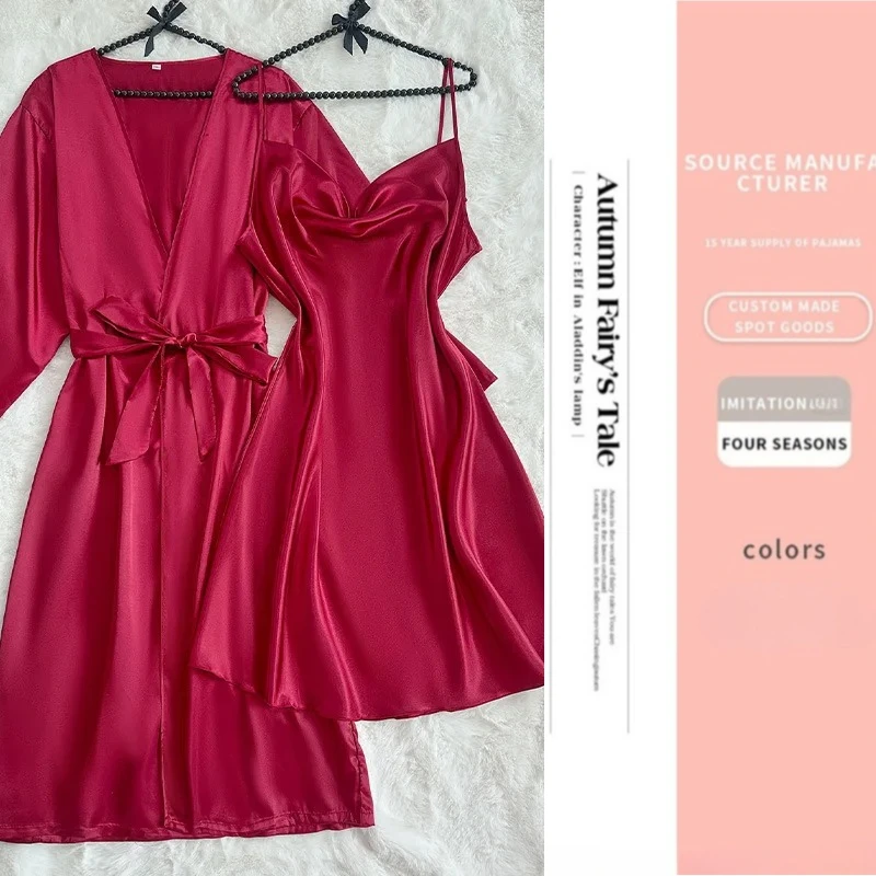 

Комплект из 2 предметов: халат и ночной костюм большого размера для женщин, с V-образным вырезом, кимоно, ночная сорочка, атласная одежда для сна, домашняя одежда на весну-лето