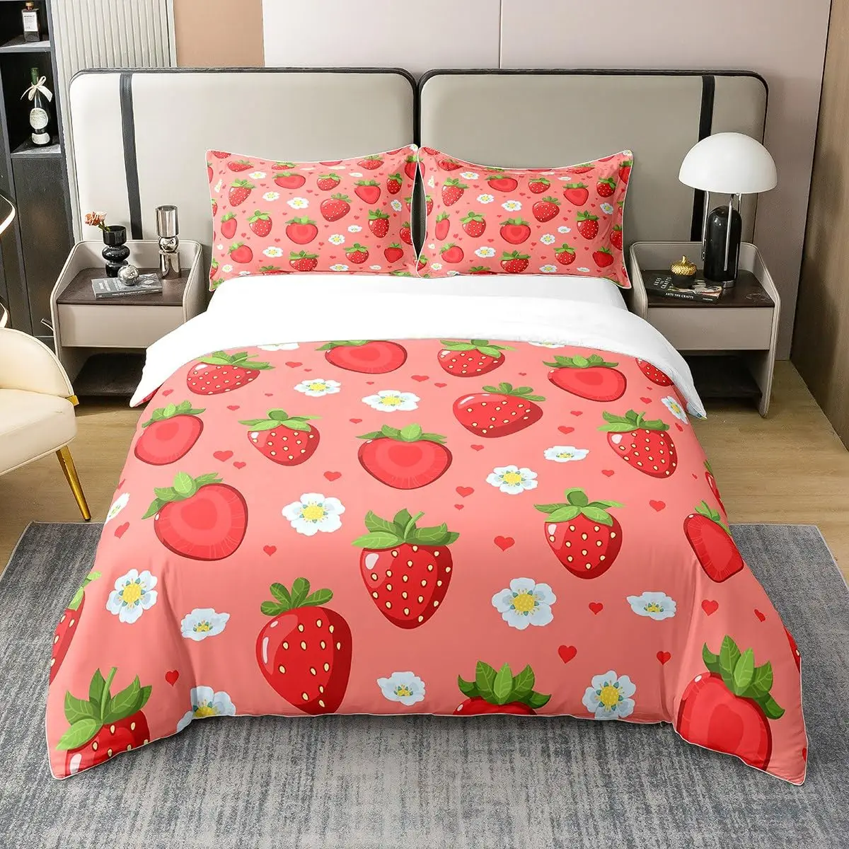 

Strawberry Duvet Cover Full Size Comforter Cover Cute Strawberry Pattern Pink Decor Bedding Set for Kids Boys Girls Adults 3Pcs