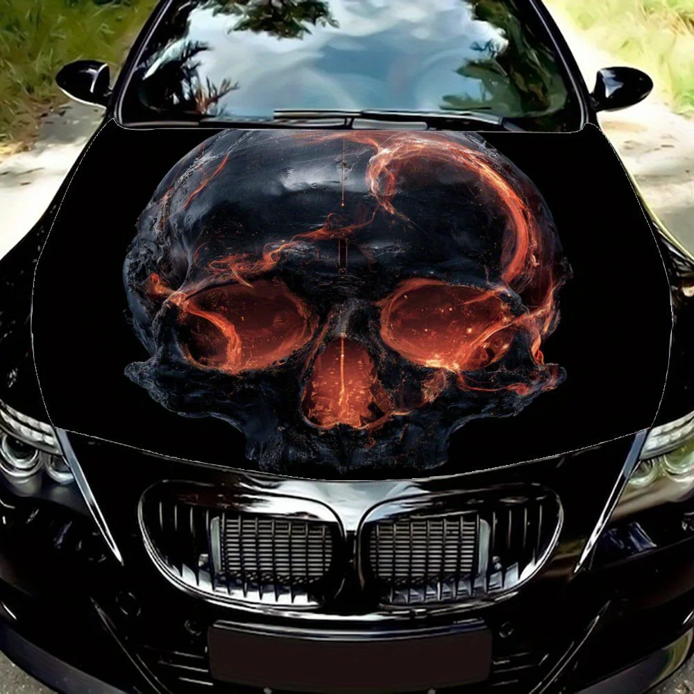 

Flame And Skull Design Car Hood Decal Sticker - Durable PVC Vinyl Wrap For Most Vehicles, Eye-Catching Design, Engine Hood Prote