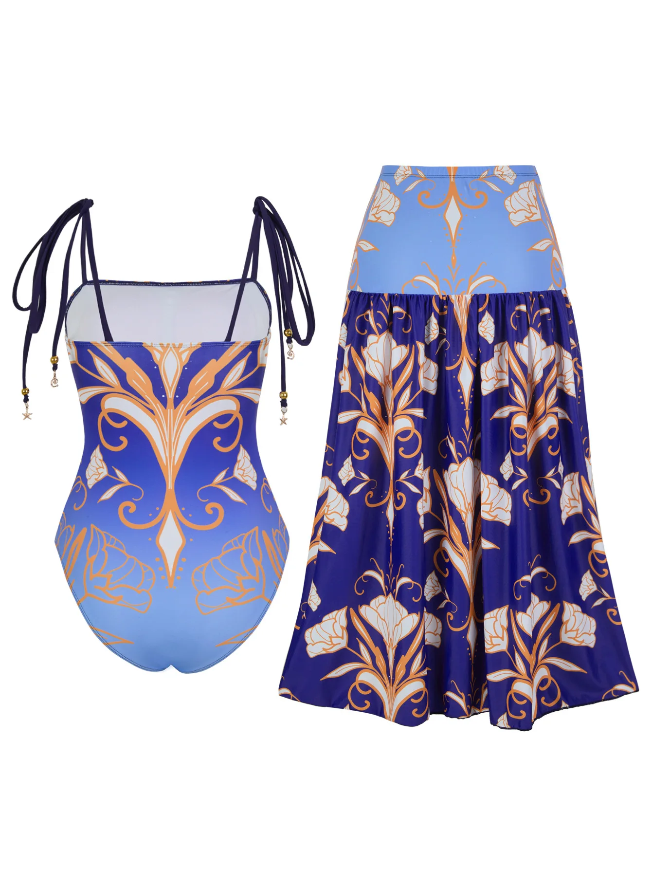 Maillot de bain une pièce imprimé Floral bleu pour femmes, ensemble robe de plage, Style vacances, jupe Maxi
