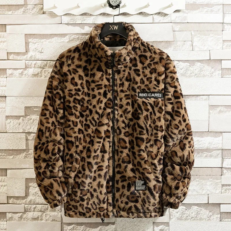 YASUGUOJI Vintage Leopard Print Parka Men Winter Park Streetwear Oversized Short Padded Fleece Jacket Male Warm Punk Rock Coat