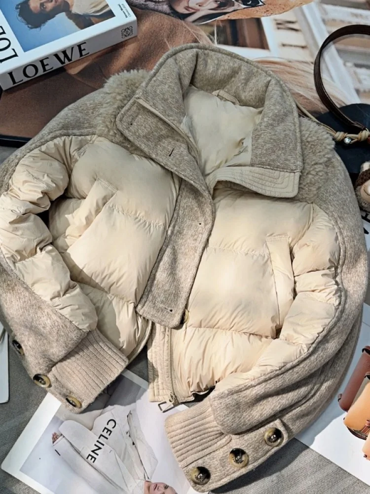 

Faionable Thiened Lamb Fur Splicing Stand Collar down Cotton Jaet Women's Winter New Sle Sandwich Cotton Warm Coat