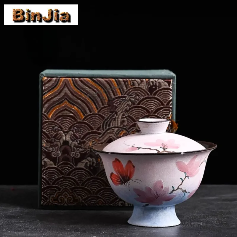 

110ml Handmade Powder Yin Gaiwan Hand-painted Magnolia Tea Tureen Tea Bowl And Pot Holder Tea Brewing Cover Bowl Tableware Gift