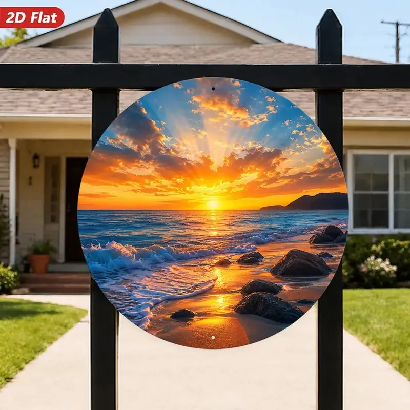 2D Flat, [2D Flat] 2D Flat 1pc Coastal Sunset Horizon Round Metal Sign Wall Art Vibrant Golden Sunset Ocean Waves Rocks Scenic N