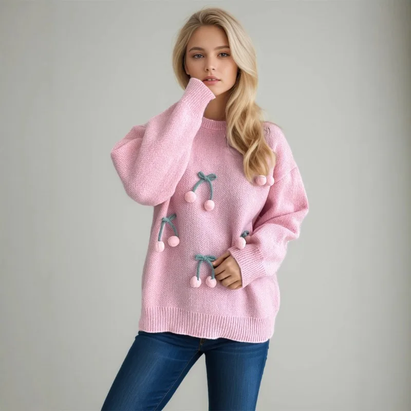 Yellow Pullover Coat 3d Cherry Decorations Loose Knitted Sweater Tops Sweet Casual Stylish 2026 Women‘s New Short Overcoats Warm