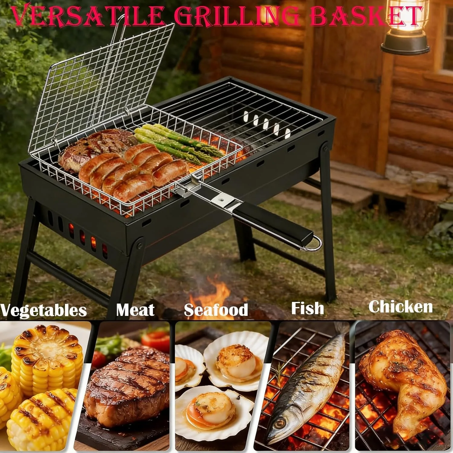 Fish Grill Basket Deep - Portable Grilling Rack for Outdoor Grill, Stainless Steel BBQ Grilling Basket with Detachable Handle for Veggies Meat Shrimp and Chicken