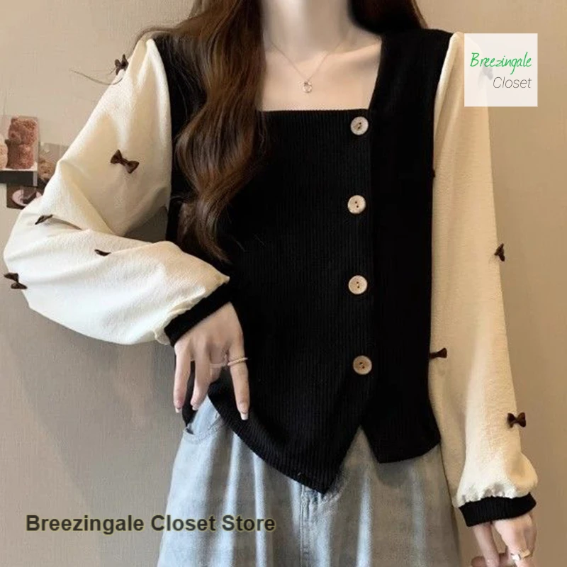 

French style fake two-piece bow stitching square collar top women's spring and autumn new long-sleeved velvet bottoming shirt