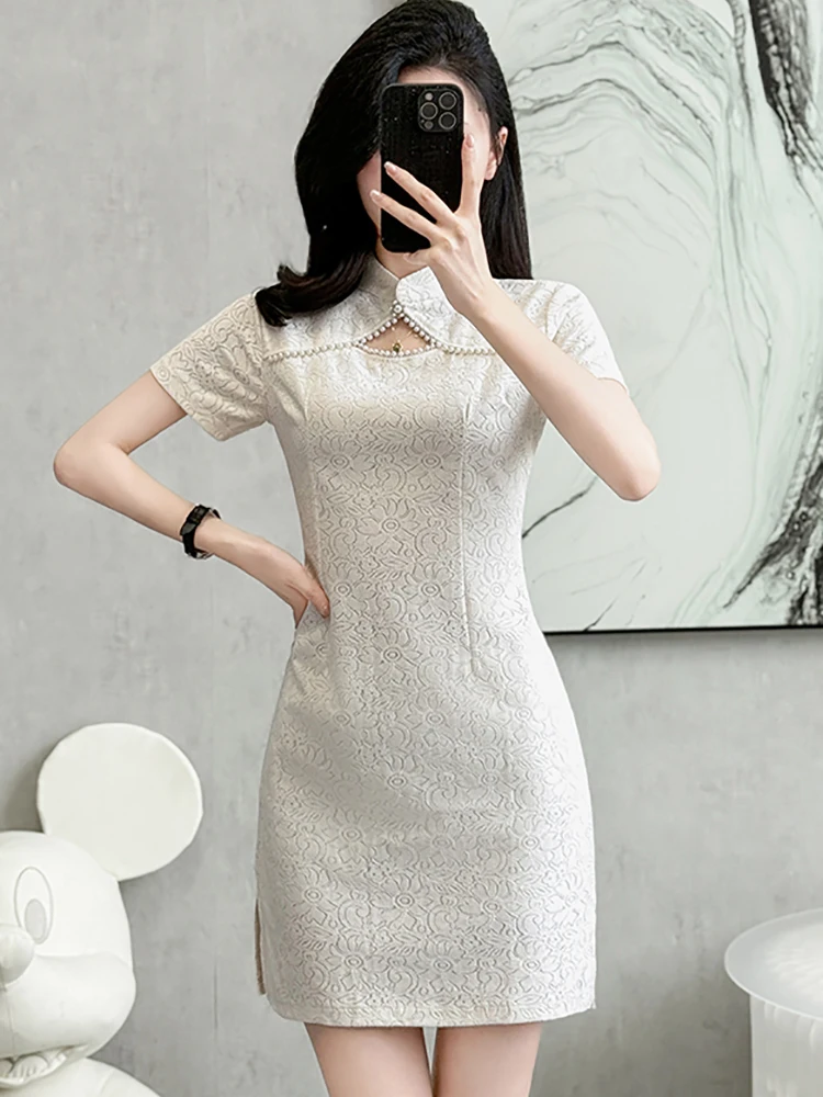 2025 ホワイトレースジャカードシックなビーズ中空アウトショートドレス女性エレガントな高級パーティードレス夏の韓国ボディコンナイトドレス