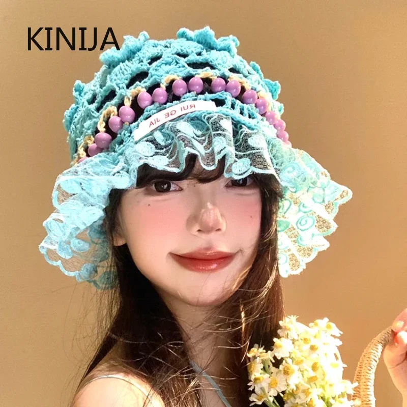 

Korea Retro Knitted Hollow Out Flower Bead Hat Handmade Crochet Bucket Hat Women Summer Basin Cap Trendy Round Top Cap Girl