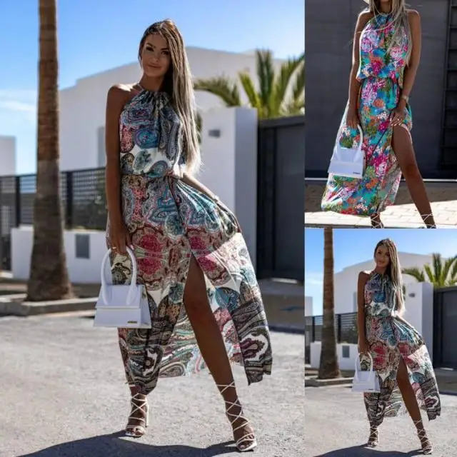 

SKMY 2024 Summer Maxi Dress Floral Printed Vintage Spaghetti Strap High Waist Split Long Bohemian Beach Sundresses Women