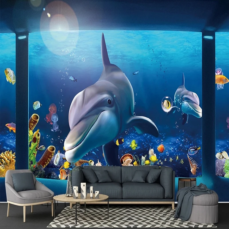 Custom Photo Wallpaper Aquarium Underwater Dolphins Blue Mural Children's Room Living Room TV Background Wall Home Decor Fresco