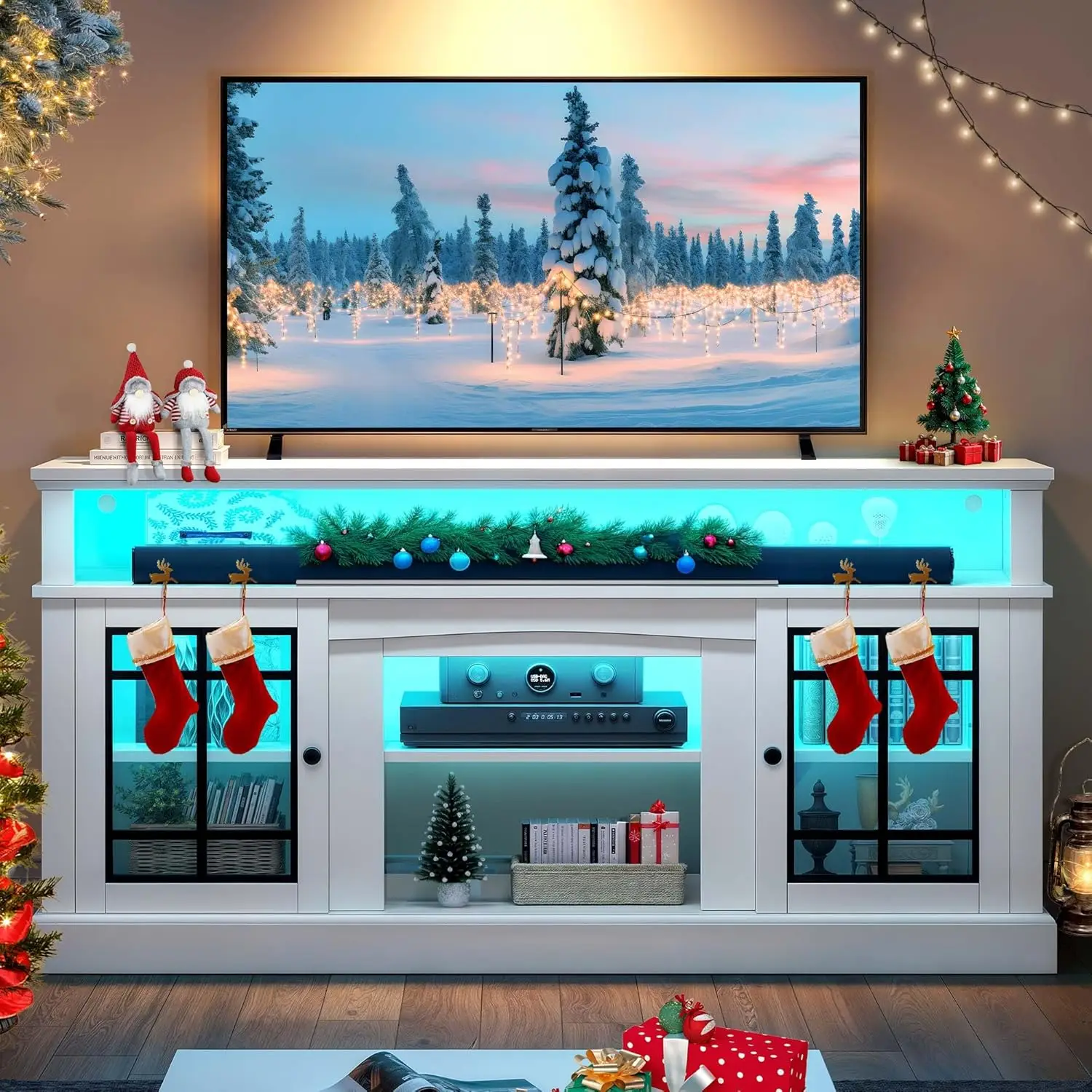 White TV Stand for 75/65 Inch TVs 32'' Tall Modern TV Cabinet with Adjustable Shelves and Glass Doors Entertainment Center