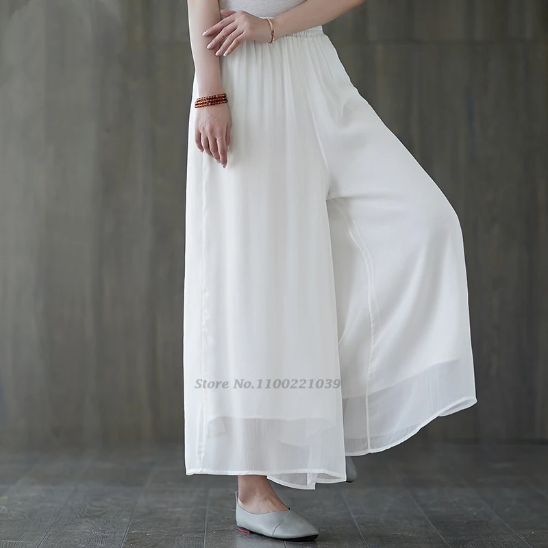 

2024 chinese vintage pants national double layers folk pants traditional elastic waist wide leg trousers yoga outdoor walking