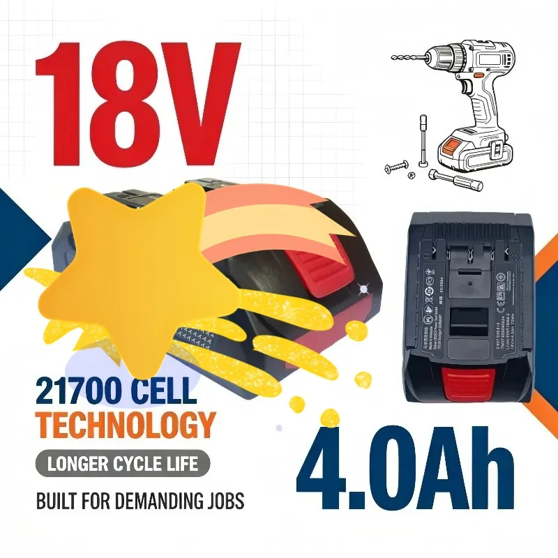 . 21700 Grade Cells 18V 4.0Ah Battery, Outperforms Traditional Units On Cycle Life