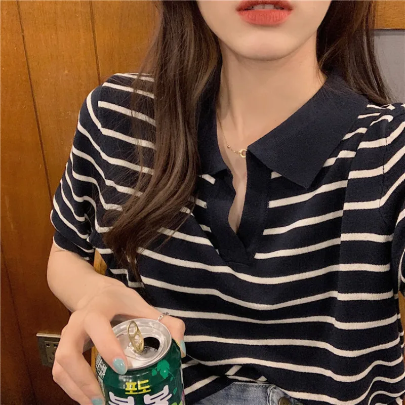 Youthful KoreanClothing Women's T-shirts Summer Short Sleeve Turn Down Collar T Shirt Casual Loose Style Top for Daily Wear