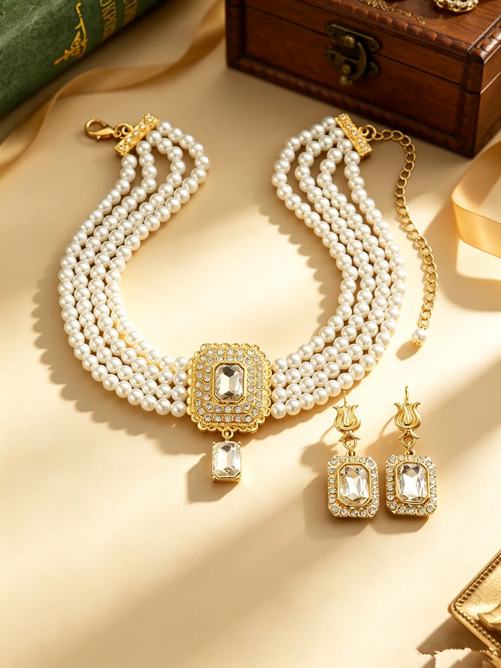 Arabian Traditional Pearl Bridal Headwear Multi-Layered Beaded Hair Accessory Embedded with Rhinestones for Ladies