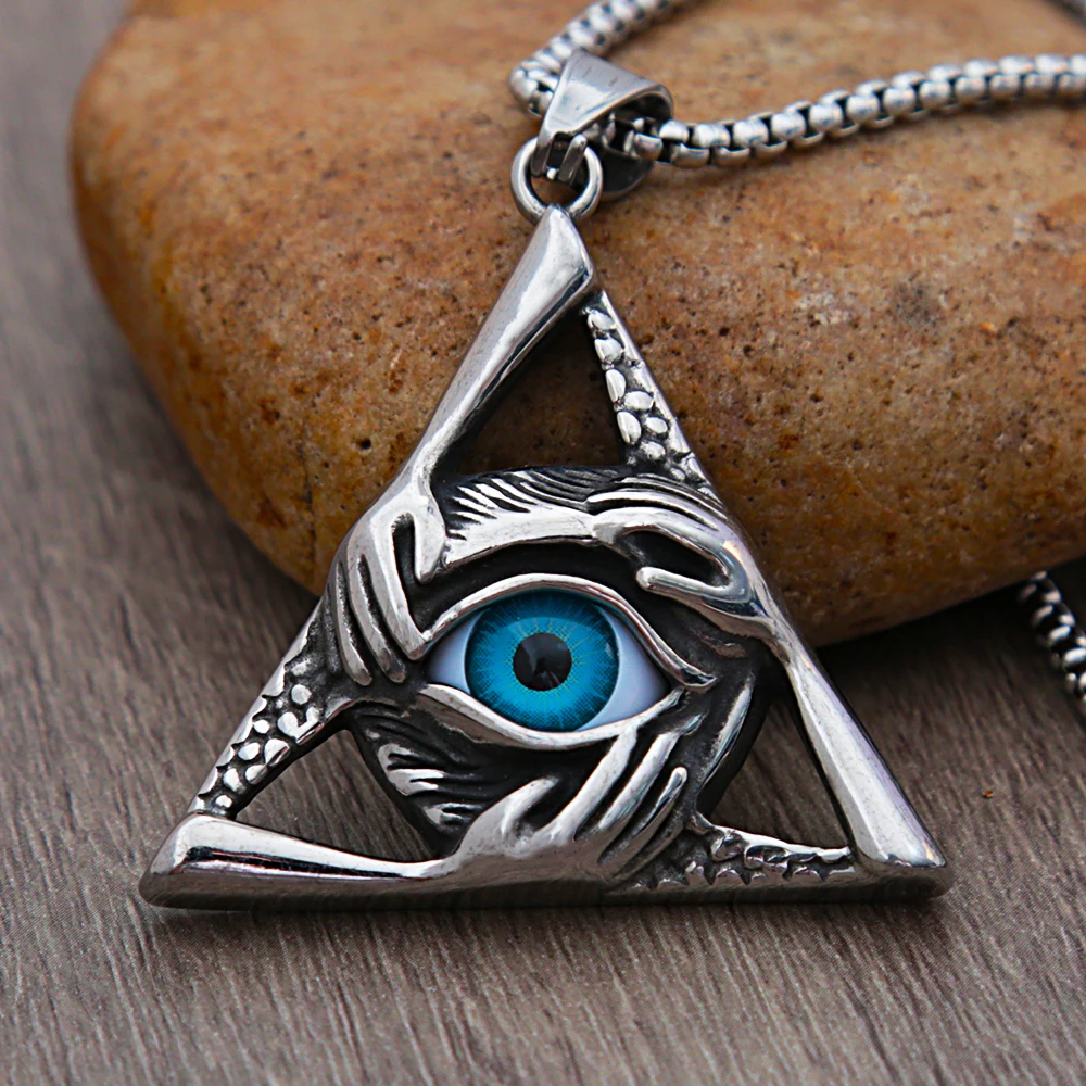 Retro All Seeing Eye Pendant Necklace Punk Three-Handed Embrace Triangle Evil Eye Necklace Stainless Steel Men Jewelry Gift