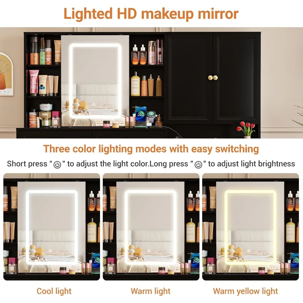 مكتب زينة مكياج أسود كبير فاخر مع مرآة منزلقة، مجموعة منضدة 58.6 طاولة، مخرج طاقة، 6 أدراج وإضاءة لـ U