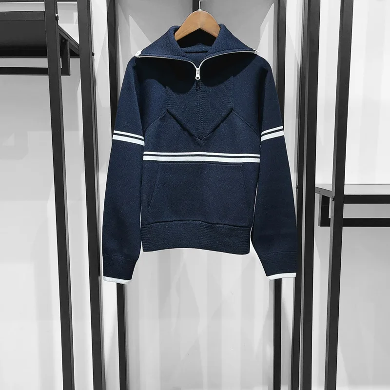 

Осень-зима 2025 г., новый спортивный пуловер, полосатый лоскутный теплый топ на молнии с длинными рукавами