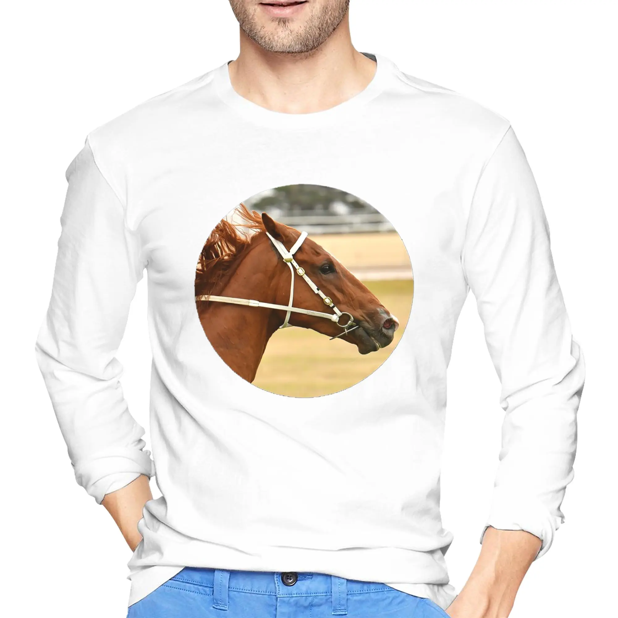 

Мужская футболка с длинными рукавами Horse Racing Action, модные футболки с круглым вырезом, весенние и осенние мужские топы