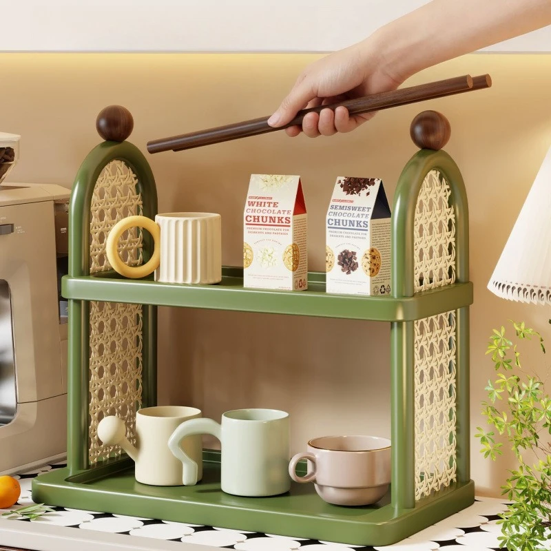 2 Tier Vintage Rattan Cup Storage Rack Countertop Coffee Mug Organizer with Glass Holder for Kitchen Bar Kitchen Organizer view 4