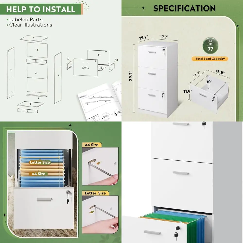 

White Vertical Wooden File Cabinet with Lock, 3-Drawer for Home Office, Suitable for A4 and Letter Size Documents