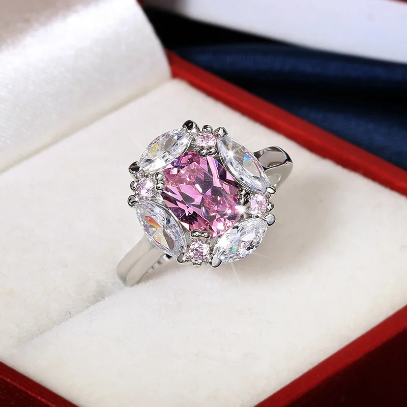 2024 Classic Moissanite Pink Gemstone Ring For Ladies 925 Stamp Pink White Zircon Wedding Engagement Jewelry Gift