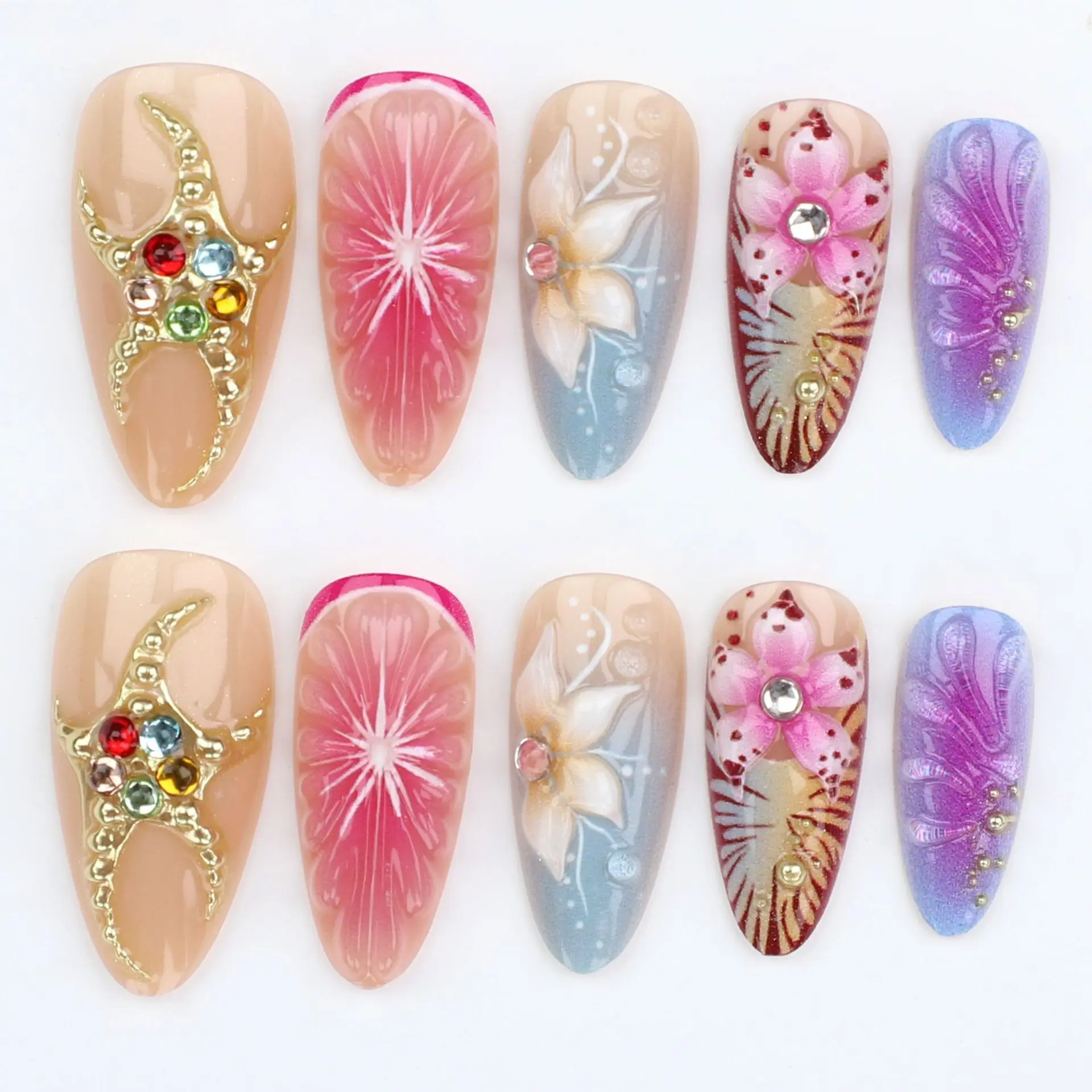 

24PCS 3D Shell Flowers False Nails Sweet Pink Blush with Diamonds French Press on Nails Spice Girls Full Cover Wearable Manicure