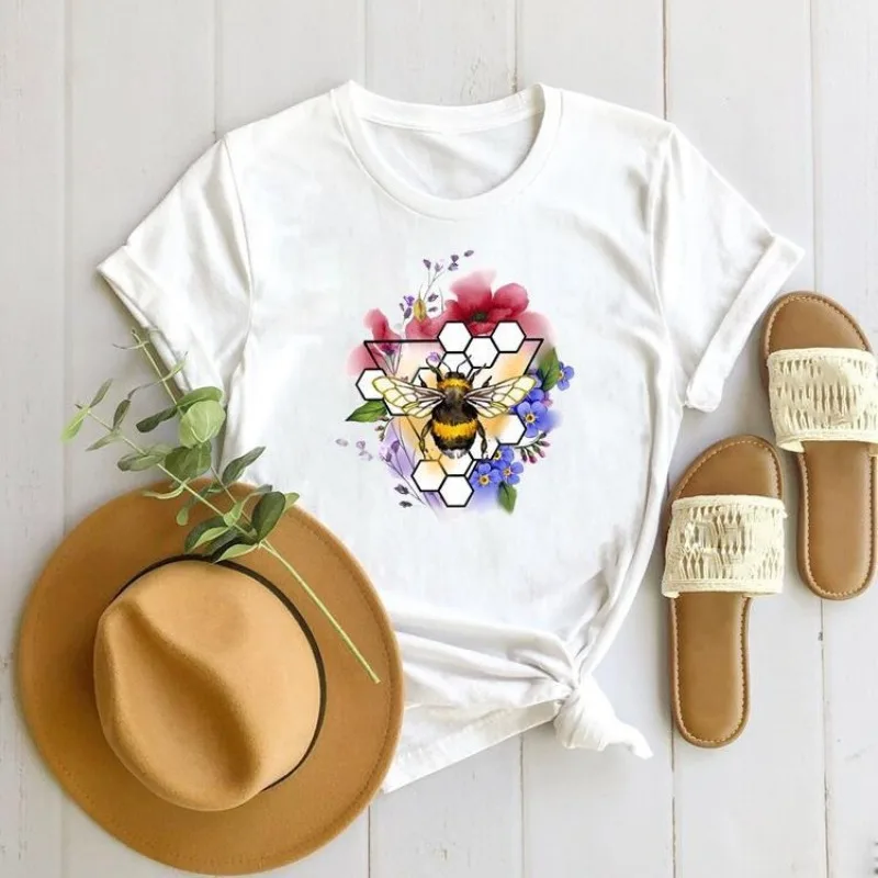 Bee Word Mother-daughter Print European and American Clothing Short-sleeved T-shirt Tops  Women Clothing  Oversized T Shirt