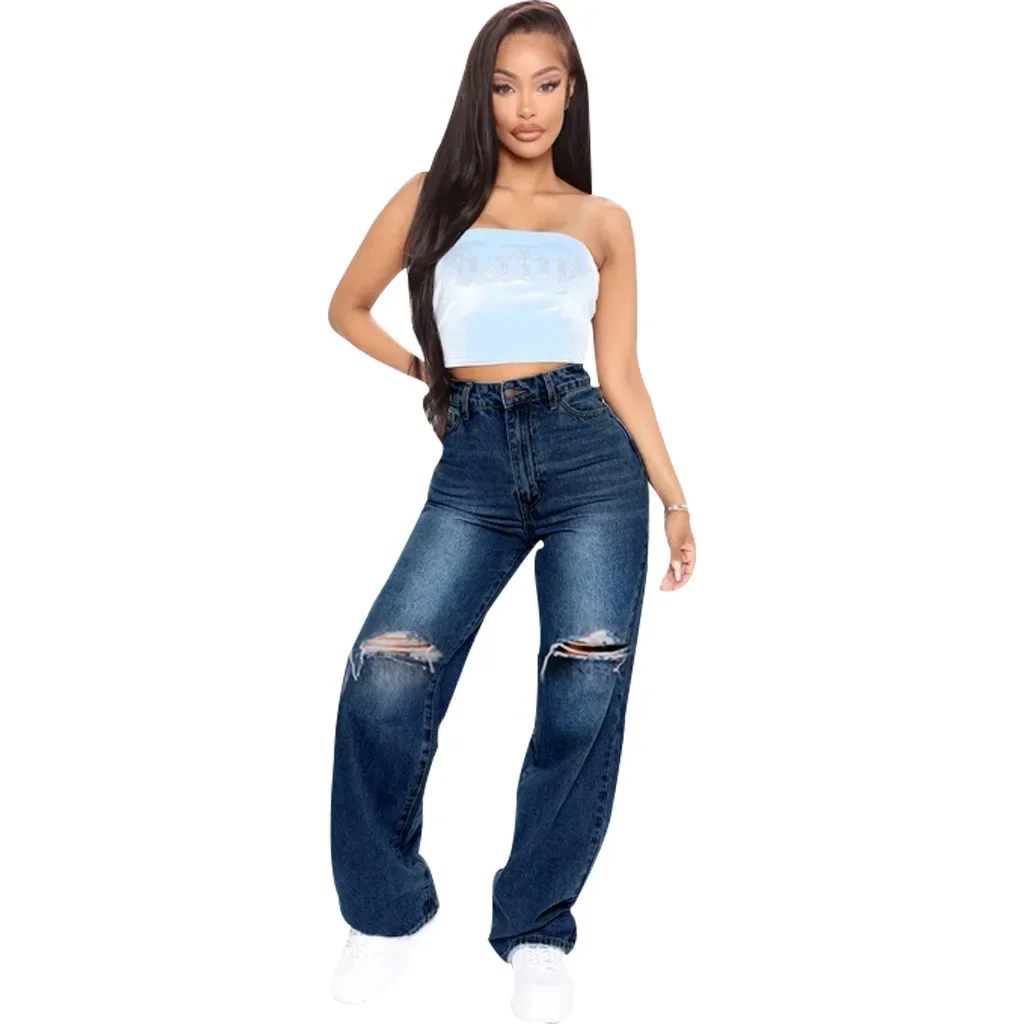 Denim Pant Women Hole Long Jeans High Waist Straight Trousers Casual Button Zipper Washing Pants Solid Streetwear Splice