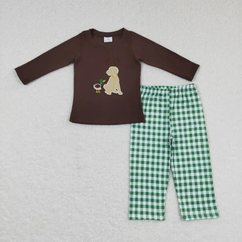 

New rts infant boys fall brown suit wholesale boutique embroidered puppy winter green plaid pants children boys clothing