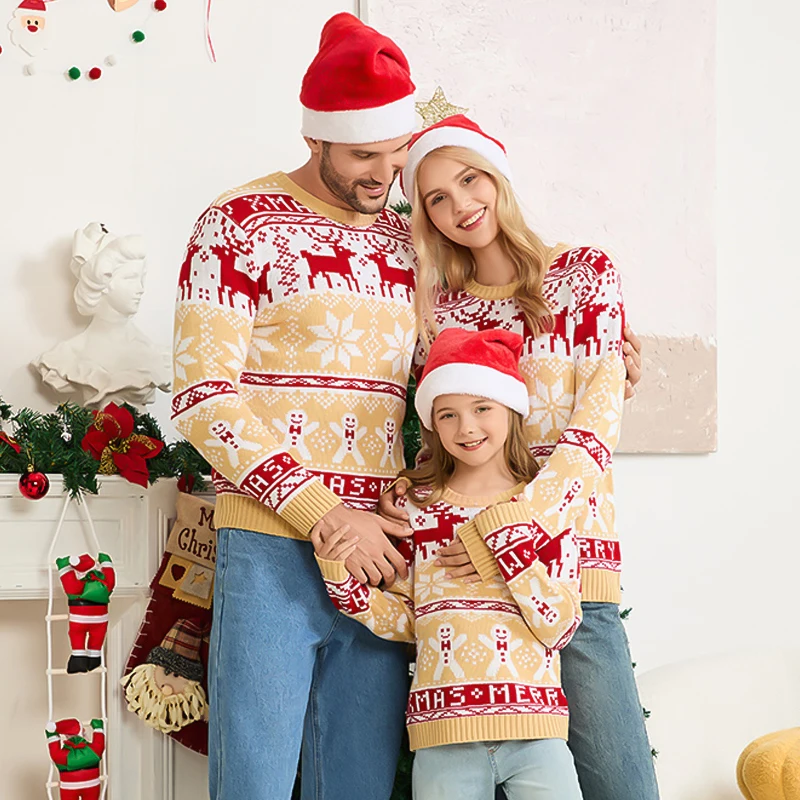 

Apricot Christmas Sweater Snowflake Reindeer Snowman Jacquard Knit Pullover Cozy Holiday Party Family Matching Unisex Adult Kids