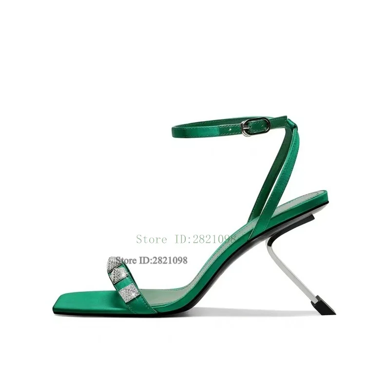 Strange Heeled Abnormal High Heel Sandals Green Leather Rivets Square Toe Women Buckle Strap Ankle Strap Party Shoes Summer