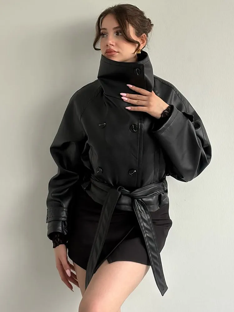 

Fashion Lace Up Stand Collar Leather Jacket Women Chic Solid Long Sleeve Double Breasted Slim Short Jacket Lady Daily Streetwear