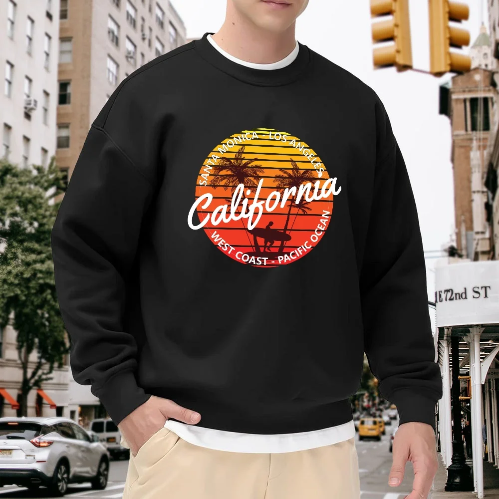 

Men's Black California Print Crew Neck Sweatshirt, Loose Retro West Coast Style, Casual Street Fashion Top, Comfortable and Versatile for Everyday Wear