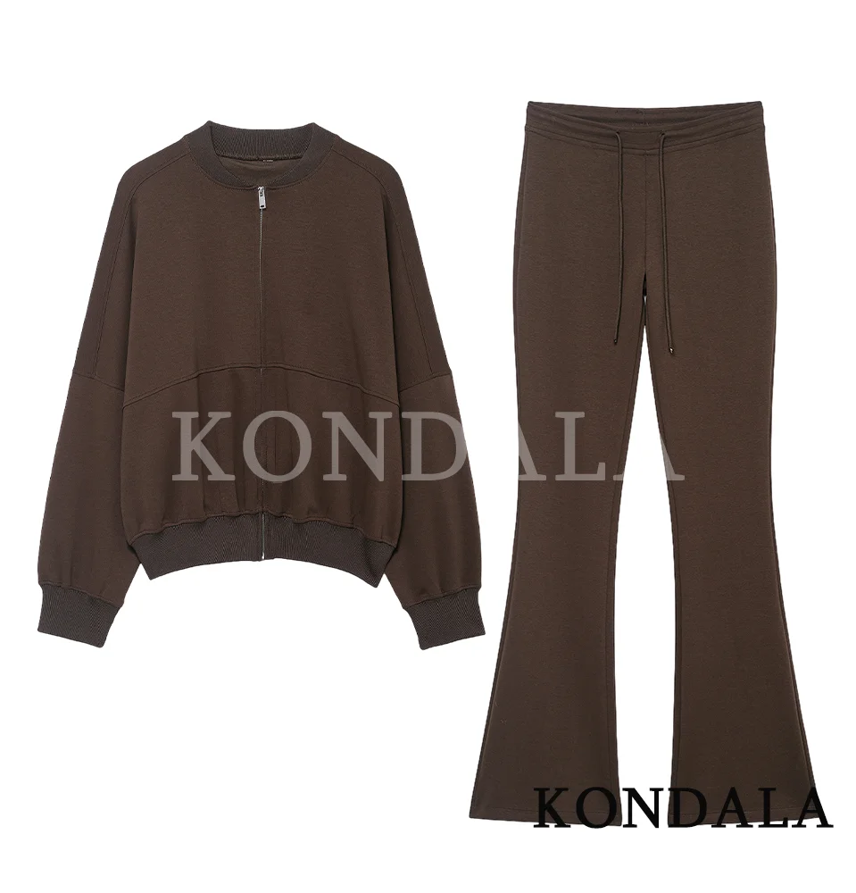 

KONDALA Спортивный повседневный комплект брюк Женский винтажный коричневый куртка-бомбер на молнии, расклешенные брюки Комплект из 2 предметов 2026 Весенний модный шикарный комплект