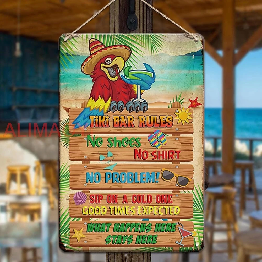 Tiki Bar Rules Parrot Decor Metal Tin Sign, Backyard Bar & Grill Porch Deck Patio Lounge Beach Patio Decor Pool Decoratio