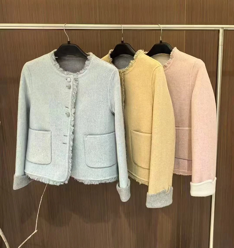 Women Solid Short Woolen Two Sides Wears Coat 2025 Elegant Crew Neck Straight Short Jackets Office Lady Winter Coat Female