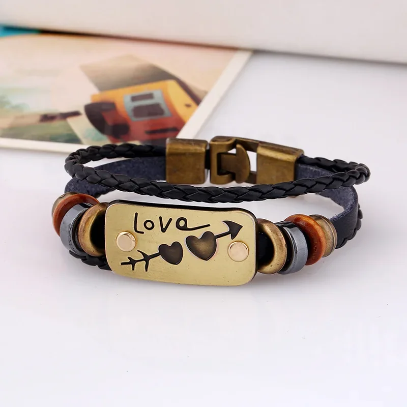 Adjustable Leather Bracelets for Couple Braided PU Black Brown Bangle One Arrow Through Heart Charm Bracelet Gift Dropshipping