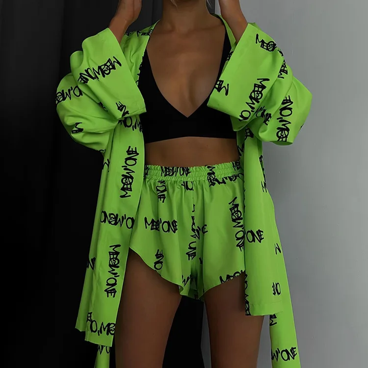 Fashion Loose Print 2 Piece Sets Womens Outfits Casual Long Sleeve Robes With High Waist Shorts Set Homewear for Women