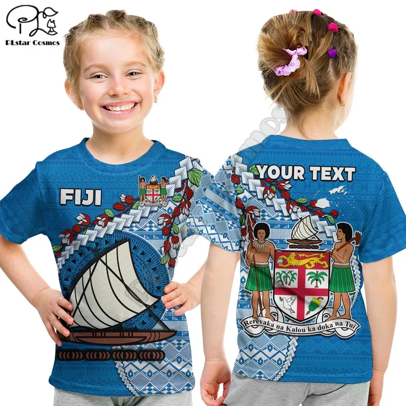 Custom Personalised Fiji T Shirt KID Fijian Drua Mix Tagimaucia Flower Blue 3D Print T Shirts Summer Boy Girl Oversized Tops