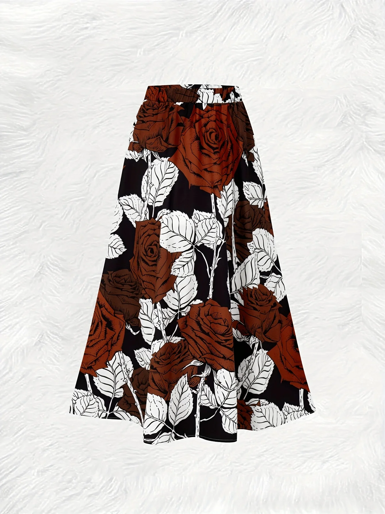 Printed Design Black Background Red Rose Print All-Season Women's Maxi Skirt, Casual Elastic Waist A-Line Half Skirt