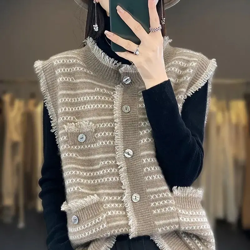 Spring Autumn Women Clothing Tassel Sweater Vest Coat O-Neck Contrast Color Korean Fashion Casual Loose Sleeveless Cardigan Tops