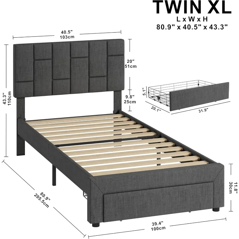 Twin XL Bed Frame with Under-Bed Drawer, Platform Upholstered Bed with Headboard, No Box Spring Needed/Noise-Free, Grey