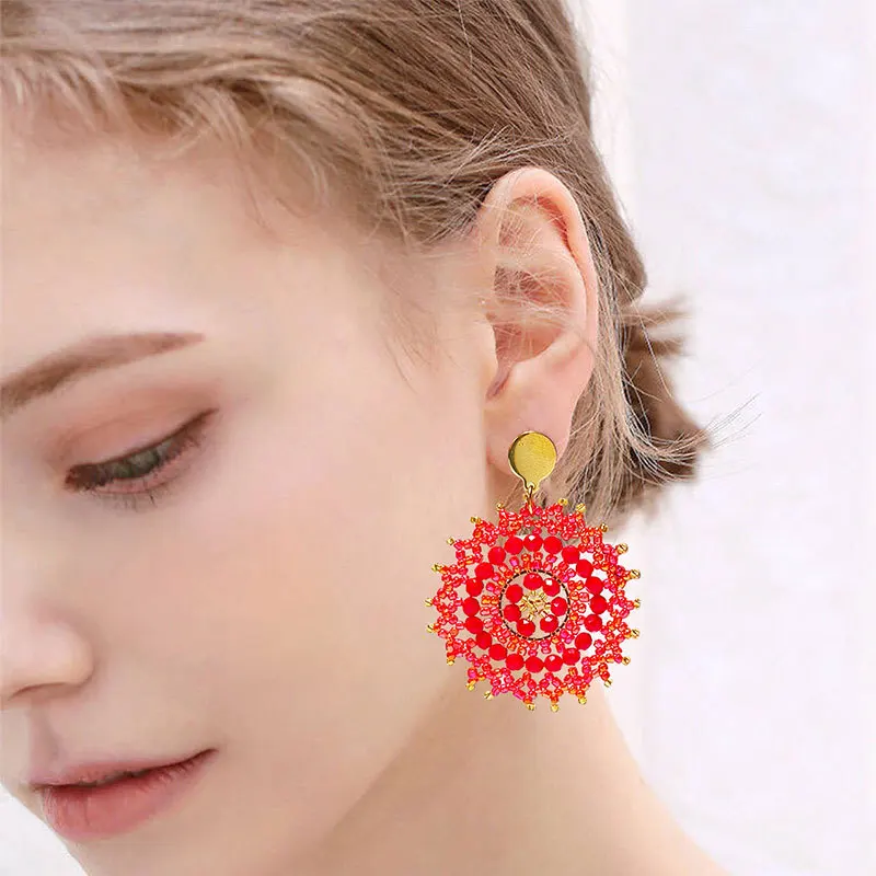 Beaded earrings Red Sunflower Hollow out Hand knitting Bohemia Alloy Crystal Roundness Tide Simple Rice bead earrings