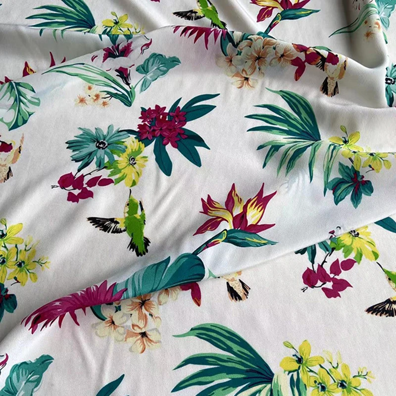 114CM Wide 16mm Green Floral Printed Silk Crepe de Chine Fabric for DIY Sewing Summer Soft White Pants Dress Pajamas C001-88