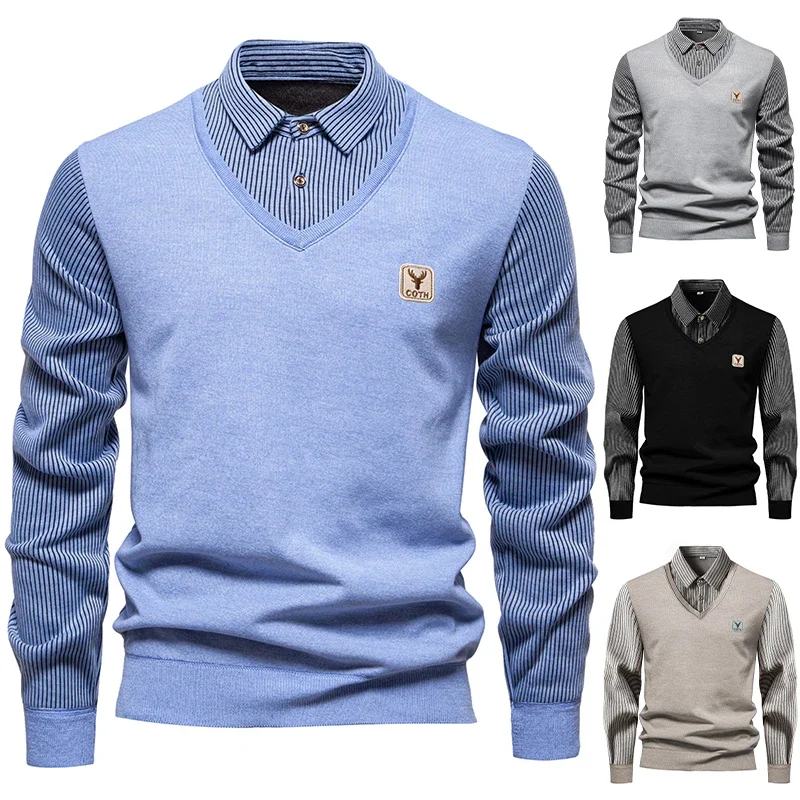 Soft Elastic Long Sleeve Knit Shirt Men Faux Two Piece Striped Collar Embroidery Detail Cold Season Thermal Pullover