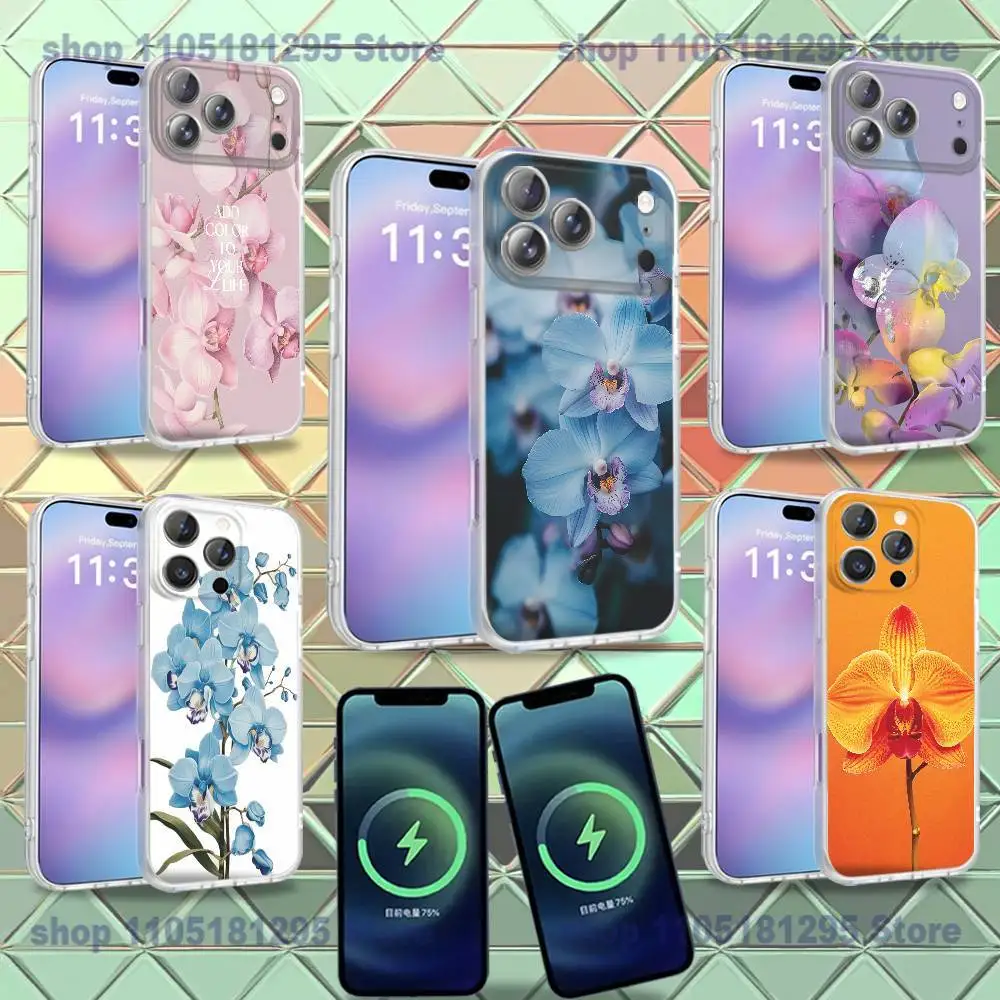

Элегантный чехол для телефона с розовыми и голубыми орхидеями для iPhone 16, 14, 11, 17, 13, 15, 12, Air, Plus, Pro, Max, E, Mini, матовый, для беспроводной магнитной зарядки