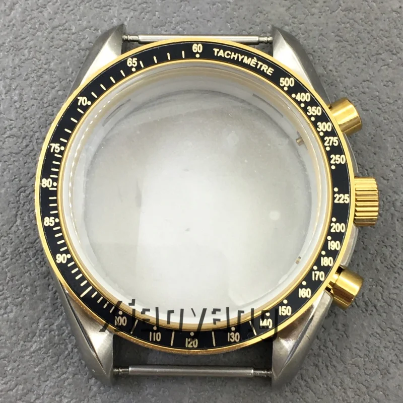 39.7mm Two Tone Gold Rose Gold VK63 Moon Watch Case Black Rose Gold Blue InsertCoated Glass For VK63 Quartz Chronograph Movement