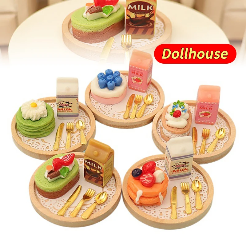 1Set 1:12 Dollhouse Miniature Cake Milk Fork Tray Food Model Kitchen Decor Toy For Doll House Accessories Kids Gift